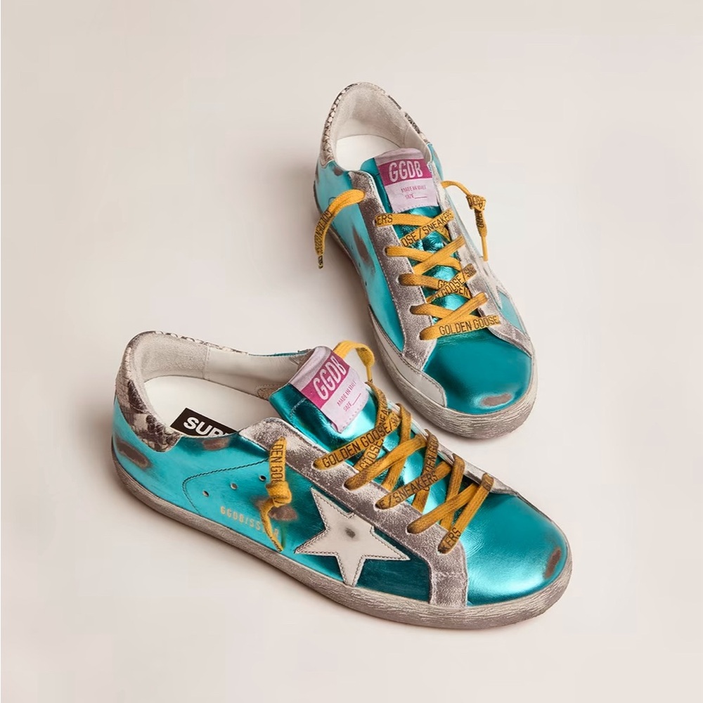 Golden Goose Leather Low Top Sneakers, Metallic Blue, Size 39,Perfect Condition